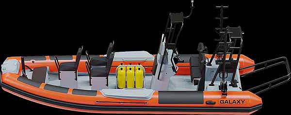 GALAXY Pilot P7 model rigid inflatable boat for professional commercial use. 21 foot long RIB with seating, console, engine guard, arch, and ladders.